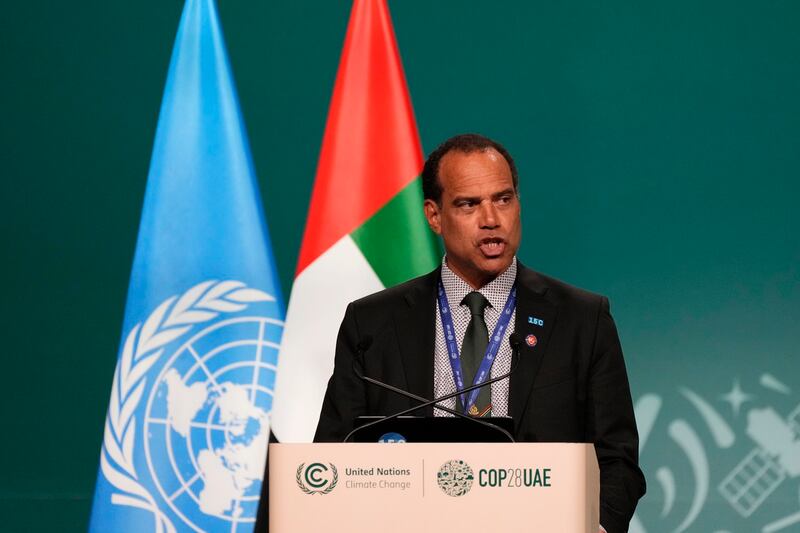 Ralph Regenvanu, the Vanuatu climate change minister, speaks during a plenary session at the COP28 U.N. Climate Summit, on Dec. 9, 2023, in United Arab Emirates. [AP/Kamran Jebreili]