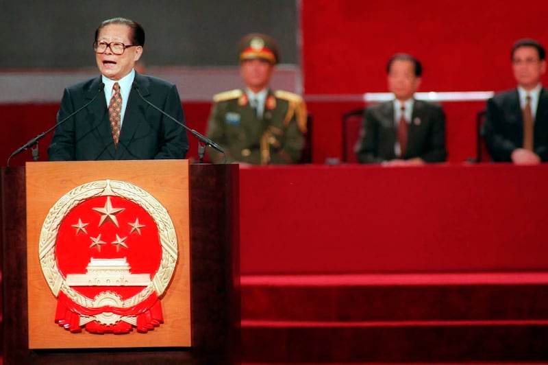 Chinese President Jiang Zemin delivers his speech during the handover ceremony in Hong Kong, June 30, 1997. Credit: Pool via Associated Press