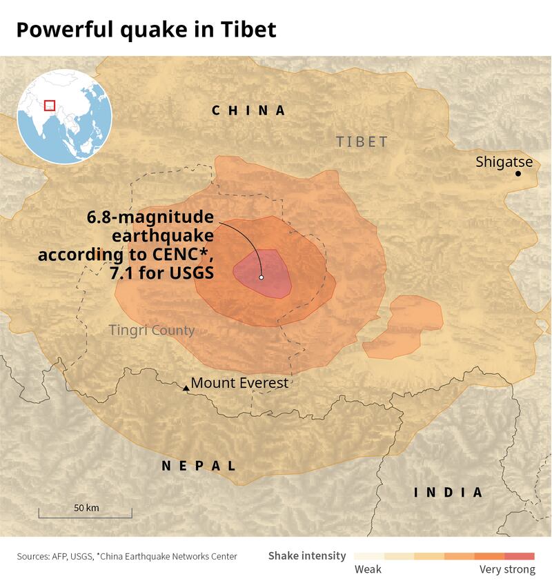 Map of Tibet earthquake