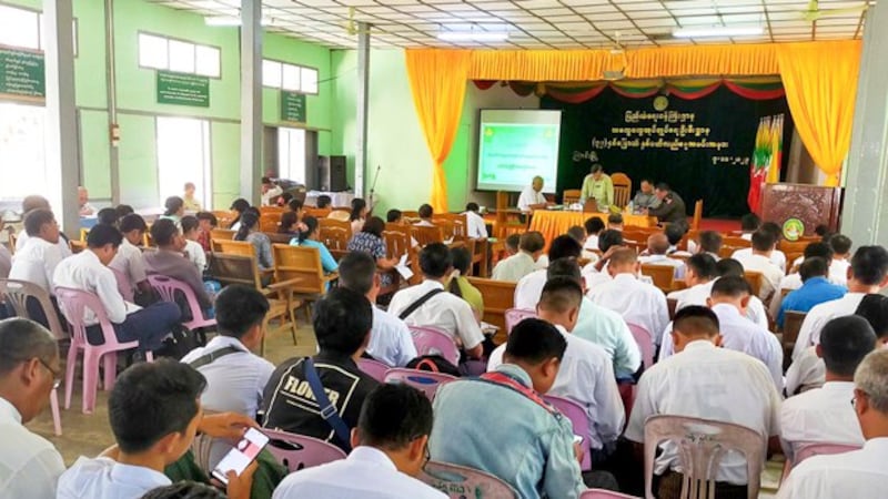 People attend a lecture on the administrative rules of village administration law at the General Administration Department in Mahlaing township, Mandalay region, Myanmar, Feb. 1, 2024. (RFA)