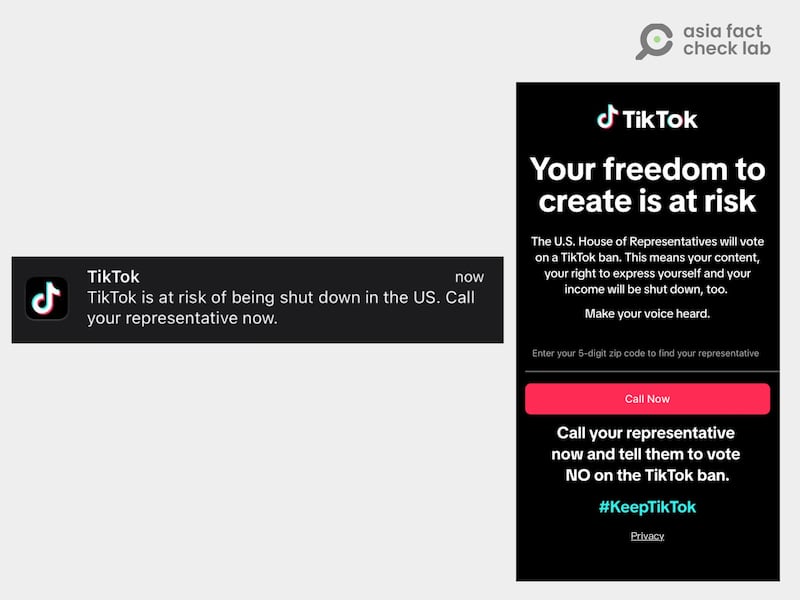 TikTok曾透过应用程序向行动装置发送信息,鼓励其用户致电至国会议员办公室施压,反对被强制出售的法案。图下载自美媒Axios(左)、CBS News(右)